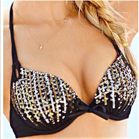 VICTORIA’S SECRET Black Silver Gold Push Up Bikini Swim Underwire Bra Az